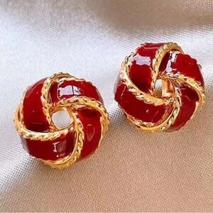 Unique Red & 18k Gold Plated Knot Design, Retro French Style Maillard Earrings